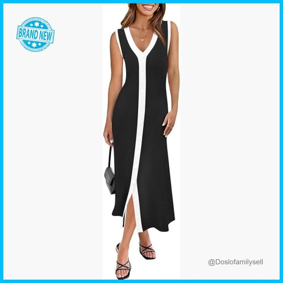 Dresses & Skirts - Sleeveless V-Neck Ribbed Knit Midi Dress Button Down Casual Summer Chic